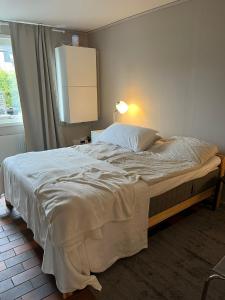 赫尔辛堡Storahuset Helsingborg的一间卧室配有一张大床,上面有灯