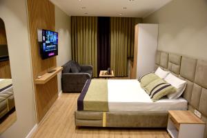 伊斯坦布尔Edwin Plus Hotel的一间酒店客房,配有一张床和一台电视