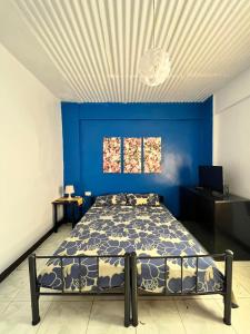达斯马里尼亚斯Aladino Hostel的一间卧室配有一张蓝色墙壁的床