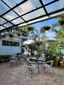 达斯马里尼亚斯Aladino Hostel的庭院设有两把桌子和椅子,种有植物