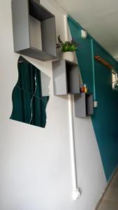 TsingoniLe Caferoom Club的一间设有书架的绿色白色墙壁客房