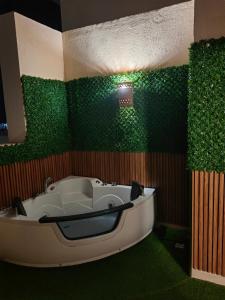 赫尔格达Cordoba Suites的带浴缸的浴室和绿色的墙壁
