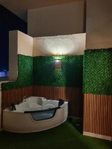 赫尔格达Cordoba Suites的带浴缸的绿色墙壁客房