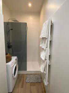 马赛Appartement chic plage des Catalans的一间带洗衣机和毛巾架的浴室