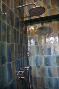 邦多勒Les jardins de Bandol, piscine et mer的带淋浴的浴室(带瓷砖墙)