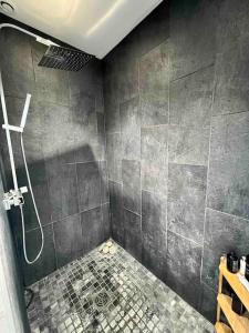 Le GondMaison de charme proche gare的带淋浴的浴室,铺有瓷砖地板。