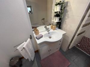 索恩河畔自由城Le Caladois的浴室设有白色水槽和镜子