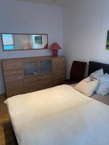 多特蒙德Schöne 2,5 Zimmer Wohnung in Dortmund-Hörde Phönix!的一间卧室配有一张床和一个带镜子的梳妆台