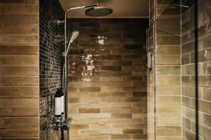 安贝格Bootshaus Amberg的带淋浴的浴室,浴室设有砖墙
