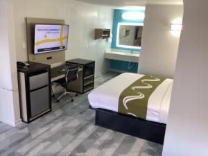 普莱森顿Pleasanton Executive Inn的酒店客房设有一张床、一张书桌和一台电视机。