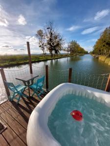 Cottage flottant terrasse jacuzzi option aux Portes de Dijon的水中带红球的浴缸