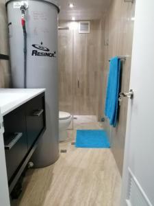 波拉马尔Apartamento Deluxe Isla Margarita - Costa Azul的一间带卫生间和蓝色地毯的浴室