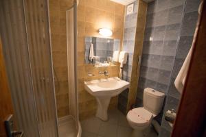 特尔戈维什特Terra Europe Brontes Hotel的一间带水槽、卫生间和淋浴的浴室