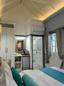 留尼汪海岛魅力别墅的一间卧室配有床,厨房