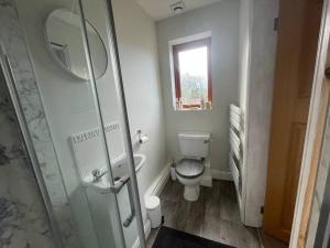 CliburnEden’s Annexe的一间带卫生间和玻璃淋浴间的浴室