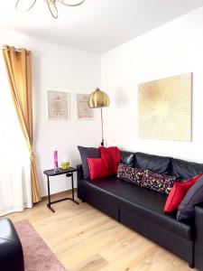 罗马Gemelli-San Pietro-Trastevere-casa con posto auto的客厅里配有红色枕头的黑色沙发