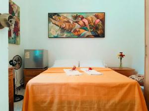 麦德林Casa de huéspedes la Casona.的一间卧室配有一张橙色床单