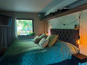 莫伦莱克The Lodge的卧室配有带枕头的床铺和窗户。