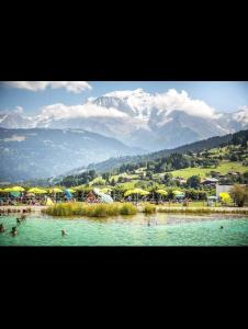 孔布卢Studio porte du Mont Blanc Combloux aux pieds des pistes的一群人在一个水体中游泳