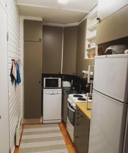萨利色尔卡阿斯拉克公寓式酒店的厨房配有白色冰箱和炉灶。