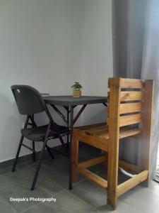 南迪Peace Hut的一张带椅子的黑桌和上面的植物