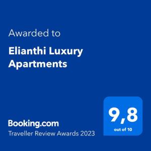 尼基亚娜Elianthi Luxury Apartments的蓝色计算器,其文本被授予展示豪华公寓的称号