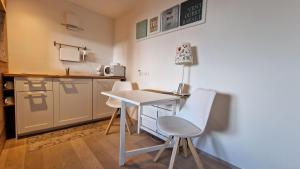 巴塞尔加·迪·皮纳Guest House Dolomiti的一个带桌子和两把椅子的小厨房