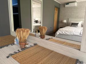 Elwa热带海滩度假村的镜子反射着一间卧室,卧室配有一张床和一张四柱床