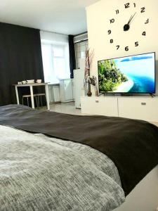 乌斯季卡缅诺戈尔斯克Уютная студия на Ауэзова 3的一间卧室配有一张带时钟的大床和一台电视。