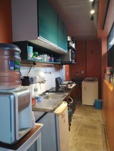 马瑙斯Alvorada Suite的厨房配有绿色橱柜和台面