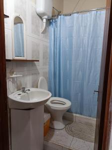 伊瓜苏港Hostel el Amanecer的浴室配有水槽、卫生间和蓝色的浴帘