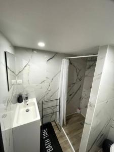 蒙特利马尔Douceur Drômoise appartement avec une chambre的白色的浴室设有水槽和淋浴。
