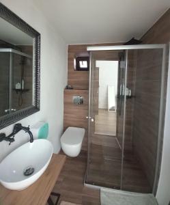 比斯特里察4 Seasons Apartments的浴室配有卫生间、盥洗盆和淋浴。