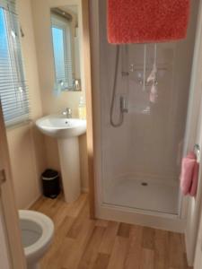 洛西茅斯hollies retreat的带淋浴、卫生间和盥洗盆的浴室