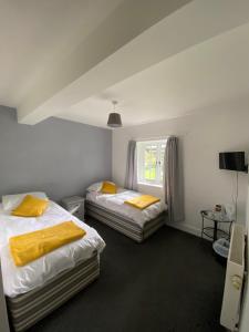 TrottonThe Elsted Inn的客房设有两张床和窗户。