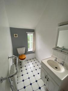 TrottonThe Elsted Inn的一间带水槽、镜子和卫生间的浴室