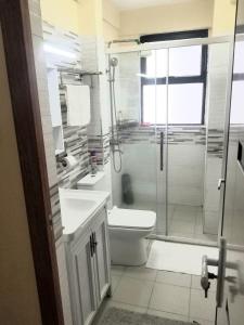 内罗毕JVhomes2bedroom-Ndemi gardens的一间带卫生间和玻璃淋浴间的浴室