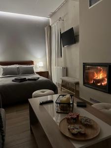 埃拉蒂特里卡隆Lagos Apartment的酒店客房配有一张床和一个壁炉。