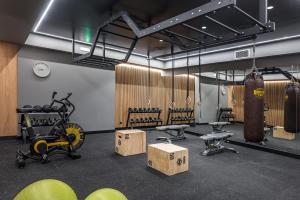 赫索尼索斯阿米达温泉酒店的一间设有健身房的房间,配有一个冲压袋和重量器械