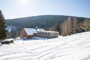 什平德莱鲁夫姆林Amenity Hotel & Resort Špindlerův Mlýn的一座白雪覆盖的山顶上的建筑