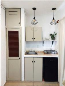 普拉亚卡门Anana Coliving的厨房配有白色橱柜和水槽