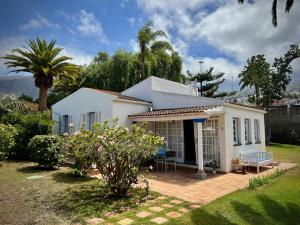 拉奥罗塔瓦Villa Finca El Drago的白色的房子,带有庭院和棕榈树
