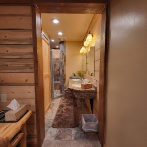 布埃纳维斯塔BuffaloPeaks Lodge的一间带两个盥洗盆和大镜子的浴室