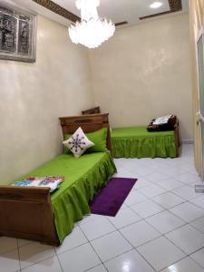梅克内斯Jinane的一间卧室设有两张绿色的床和吊灯。