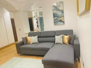 克罗伊登Bright 2 Bedroom *2 Bathroom* 10 mins to East Croydon的客厅里设有一张灰色沙发