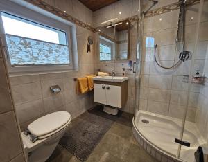 阿亨基希Appartements Waldruh的浴室配有卫生间、淋浴和盥洗盆。