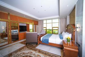 阿布扎比AG酒店的一间卧室配有一张床、一张书桌和一台电视