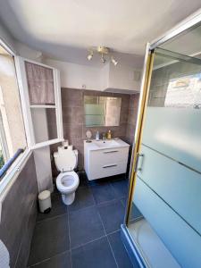 巴黎Charming two-room apartment near Montparnasse的浴室配有卫生间、盥洗盆和淋浴。