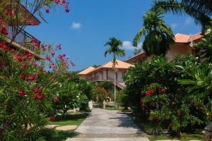 瑶亚岛Blue Bay Resort的穿过种有鲜花和棕榈树的度假胜地的步行道