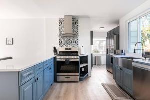 新罗谢尔Fire pit ~ Game Room ~ near NYC ~ Modern Luxury的厨房配有蓝色橱柜和炉灶。